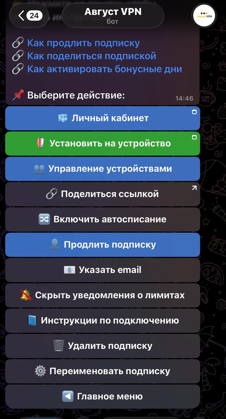 Меню действий активной подписки Vela VPN